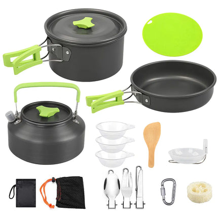 16-Piece Camping Cookware Mess Kit – Lightweight Outdoor Cooking Set with Stove, Pot, Kettle & Cutlery for Hiking & Picnic