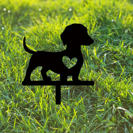 Standing dog silhouette garden stake with red rose above the head