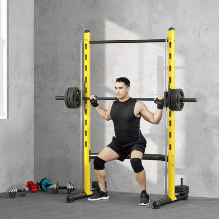 Pro-Series Adjustable Half Squat Rack – Yellow/Black Heavy-Duty Power Stand with Pull-Up Bar – Multi-Function Bench Press Station