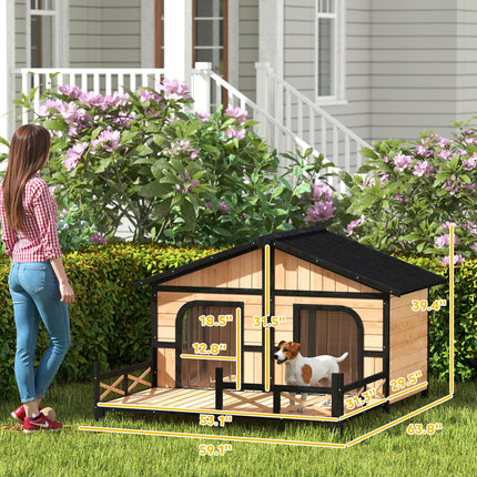 Luxury Natural Wood Double Dog House with Porch – Dual Room Outdoor Kennel with Openable Roof & Removable Floor – Weatherproof Pet Villa