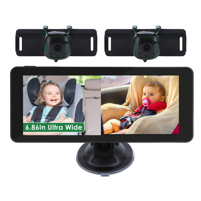 Dual Baby Car Camera for 2 Kids – 6.86" HD Split Screen Monitor – 1080P Rear Facing Car Seat Camera with 120° Wide View & Night Vision