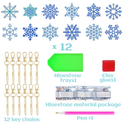 12 Packs Snowflake Diamond Painting Keychain Kits – DIY Sparkling Rhinestone Arts & Crafts – Winter Theme Keyring Making Set for Kids & Adults