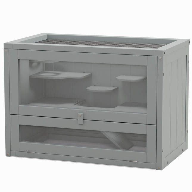 2-Level Hamster Cage with Openable Top Door – Small Animal Habitat with Internal Shelf & Ladder – Deep Base Gray Wire Cage for Hamsters & Mice