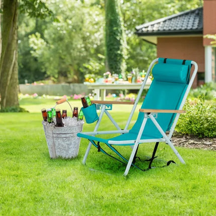 Premium 4-Position Folding Beach Chair – Portable Backpack Chair with Wooden Armrests, Headrest & Cup Holder – Forest Green