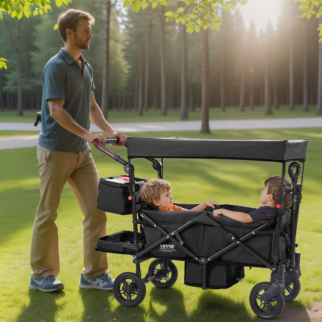 2-Seater Premium Wagon Stroller – Push/Pull Multi-Function Child Wagon – Collapsible Double Stroller with Adjustable Handle & Canopy – Black