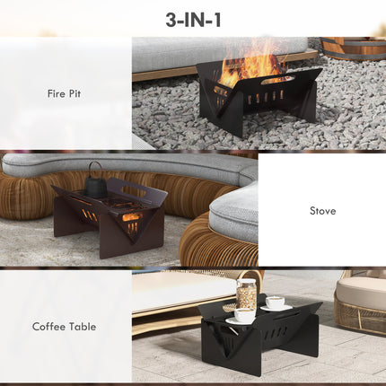 3-in-1 Folding Fire Pit & Coffee Table – Portable Wood Burning Stove – Multifunctional Outdoor Camping Grill with Carry Bag – Black