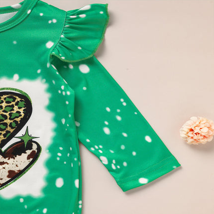 Baby Girl St. Patrick’s Day Flare Romper – Green Clover & Leopard Print Jumpsuit – Ruffle Sleeve Bell Bottom Onesie