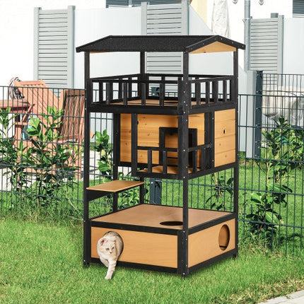 AuraShelter™ Outdoor Wooden Cat House – Weatherproof Wild Cat Shelter – Elevated Outdoor Kitten House with Waterproof Roof for Garden & Patio