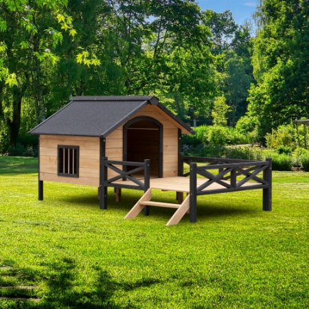 Luxury Cabin-Style Wooden Dog House with Front Porch – Large Outdoor Pet Kennel with Raised Floor & Weatherproof Roof – Rustic Garden Sanctuary
