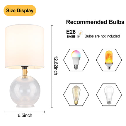 Minimalist Glass Table Lamp with Cylindrical Fabric Shade – Modern Bedside Nightstand Lamp for Bedroom & Living Room – Clear Glass Base
