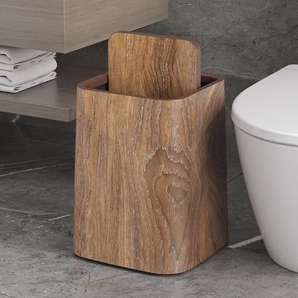 Modern Wood Grain Trash Can with High Legs – Nordic Style Decorative Waste Bin with Push-Top Lid – Stylish Garbage Can for Bathroom, Kitchen, & Office