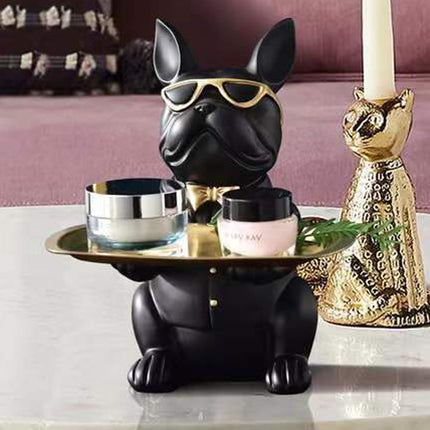 French Bulldog Statue with Storage Tray – Elegant Dog Sculpture Home Decor – Entryway Key Holder & Jewelry Organizer Tray