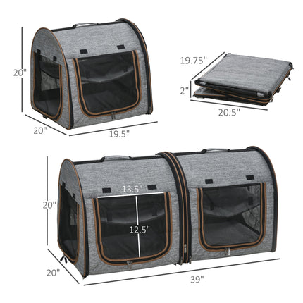39" Portable Double Cat Carrier – Extra Large Two-Compartment Travel Crate with Removable Divider – Foldable Soft-Sided Dog Kennel with Plush Mats (Light Gray)