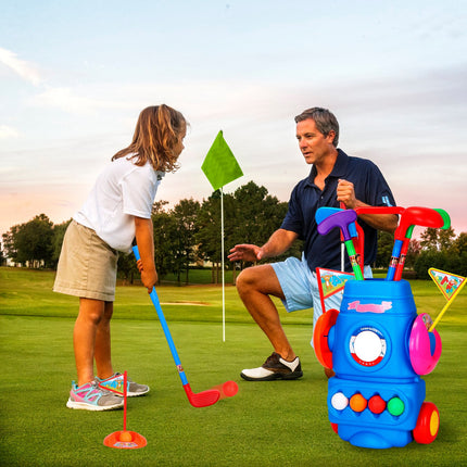 Kids Golf Club Set with Wheeled Golf Cart – Indoor & Outdoor Toddler Golf Game – Includes 4 Clubs, 4 Balls, 2 Holes & Flags – Sports Toy for Kids Ages 3-5