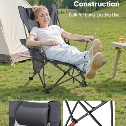 4-Position Reclining Camping Chair with Footrest – Portable Folding Lounge Chair – Heavy Duty Mesh Beach Chair with Headrest – Gray