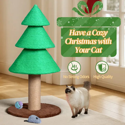 31.5" Christmas Tree Cat Scratcher – Large Sisal Scratching Post for Indoor Cats – Festive Holiday Cat Scratch Tower with Toy Balls (Green)