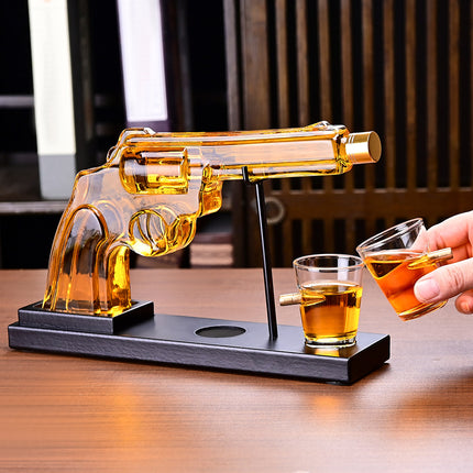 Luxury Whiskey Gun Decanter Set with Mahogany Wooden Stand – 2 Bullet Embedded Glasses – Unique Pistol Liquor Dispenser Gift for Dad, Husband & Men