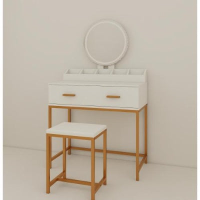 Aurora™ White & Gold Vanity Set – Compact Makeup Table with Mirror & Cushioned Stool