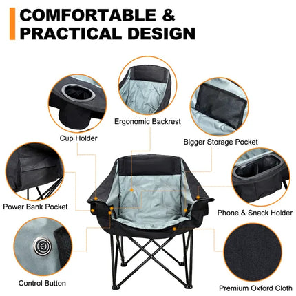 Oversized Heated Moon Chair – 3-Level Temperature Control – Folding Padded Saucer Chair for Camping, Patio & Outdoor Lounging
