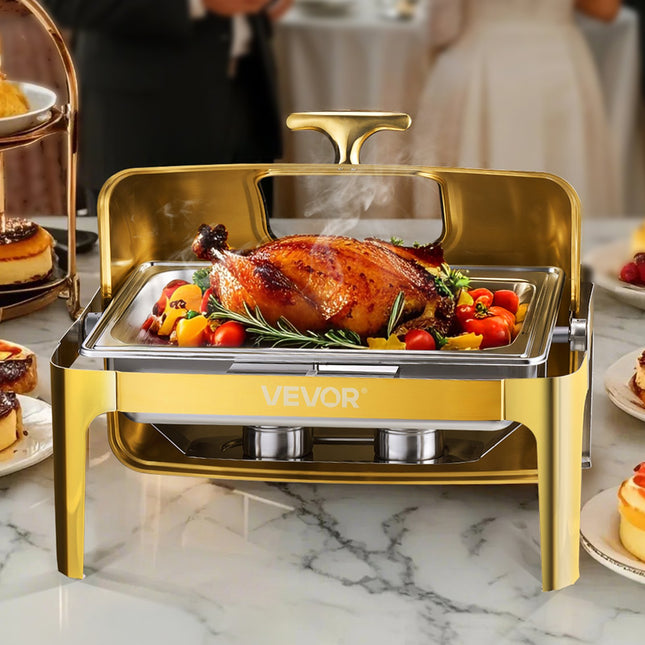 Luxury 9QT Gold-Accented Chafing Dish Set – Stainless Steel Roll Top Buffet Server with Full Size Pan