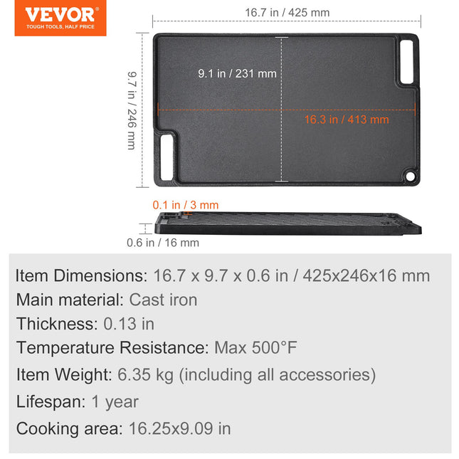 Heavy-Duty Cast Iron Griddle for Gas Stove & BBQ – Large Rectangular Non-Stick Double Play Pan – Perfect for Steaks & Pancakes