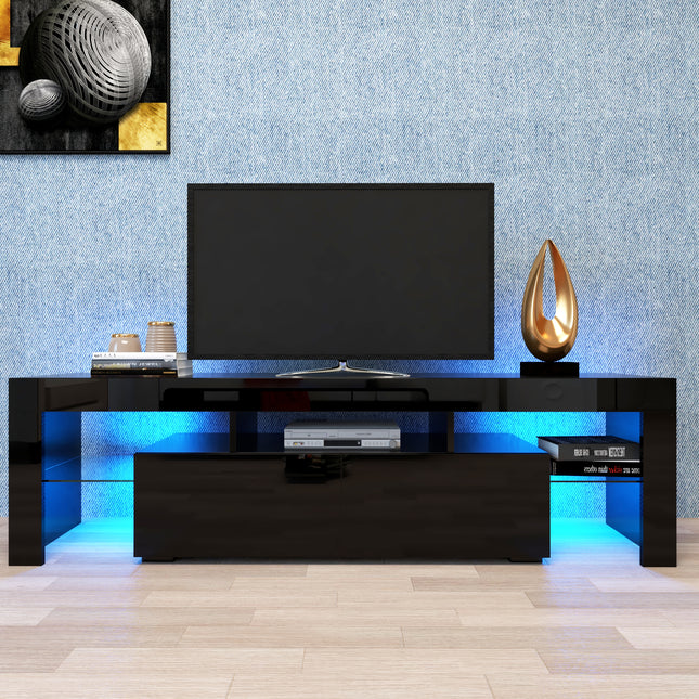 Modern Black TV Stand with 20-Color LED Lights – High Gloss Entertainment Center with Remote Control – Sleek Media Console for TVs up to 65"