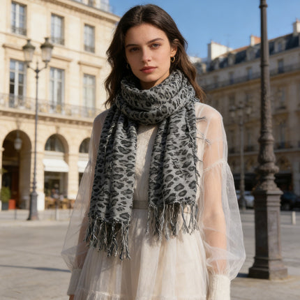 Grey Leopard Print Square Scarf – Lightweight Viscose Head Wrap and Shawl for Evening Wear & Daily Style