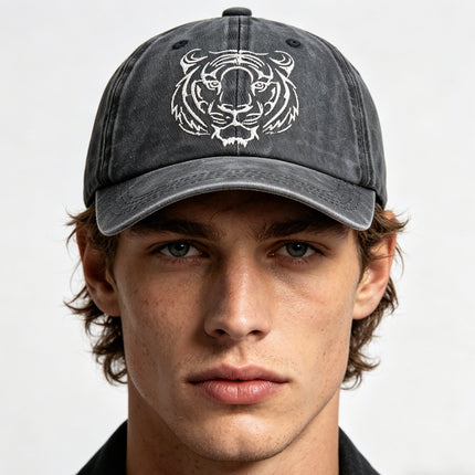 Vintage Washed Cotton Tiger Embroidered Baseball Cap – Adjustable Low-Profile Wildlife Hat for Men & Women