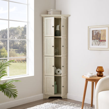 72-Inch Tall Corner Kitchen Pantry Storage Cabinet – 4-Tier Space-Saving Organizer with 8 Doors for Farmhouse Living Rooms & Bathrooms
