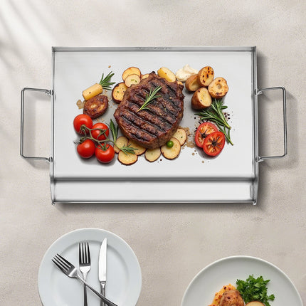 17x13" Stainless Steel Flat Top Griddle – Universal BBQ Grill Pan for Gas & Charcoal Grills – Built-in Grease Well