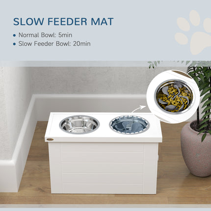 Elevated Dog Feeder Station with Storage Cabinet – 3 Stainless Steel Bowls & Slow Feeder Mat – Furniture-Style Raised Bowls for Large & Extra Large Dogs (White)