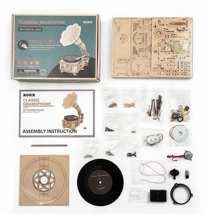 Robotime ROKR DIY Hand-Crank Gramophone – 3D Wooden Puzzle That Actually Plays Music – LKB01 Classic Phonograph Model Kit