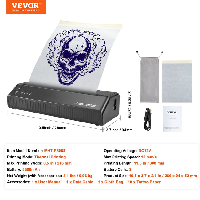 VEVOR Wireless Tattoo Stencil Printer – Bluetooth Tattoo Transfer Machine – Portable Stencil Maker Compatible with iOS, Android & PC – Includes 10pcs Transfer Paper