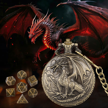 7-Piece Polyhedral Metal Dice Set with 3D Carved Pocket Watch Case – Retro Zinc Alloy RPG Dice for Tabletop Gaming & Role-Playing
