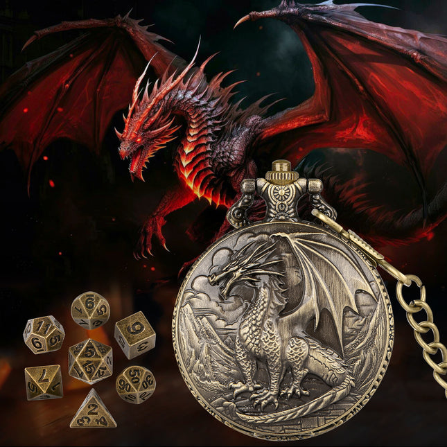 7-Piece Polyhedral Metal Dice Set with 3D Carved Pocket Watch Case – Retro Zinc Alloy RPG Dice for Tabletop Gaming & Role-Playing