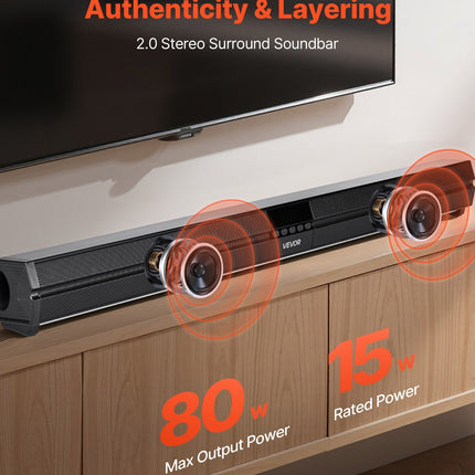 32-Inch 80W Sound Bar for Smart TV – 2.0 Channel Surround Sound System – Bluetooth 5.0, AUX & Optical Input – Large Home Theater Speaker with Remote Control
