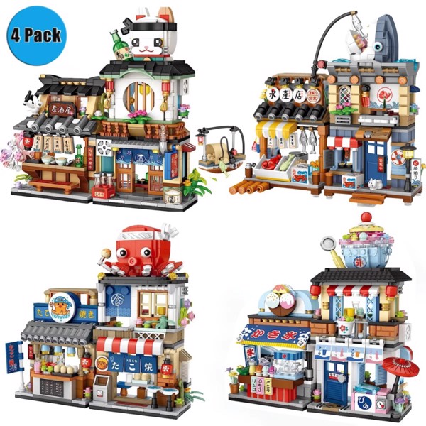4-Pack Japanese Street View Building Set – 2969 Pcs Modular Building Blocks – Realistic Japan Architecture Model Kit – Creative Gift for Kids & Adults
