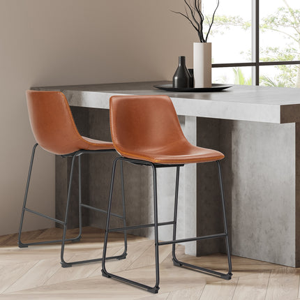Mid-Century Modern Faux Leather Bar Stools (Set of 2) – Industrial Counter & Bar Height Seating for Kitchen & Dining
