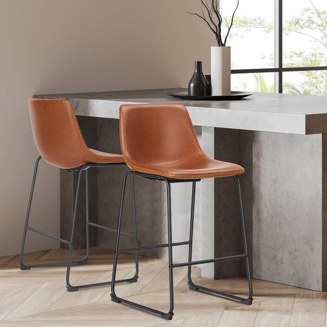 Mid-Century Modern Faux Leather Bar Stools (Set of 2) – Industrial Counter & Bar Height Seating for Kitchen & Dining