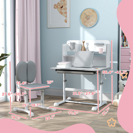 Height Adjustable Kids Desk and Chair Set – Ergonomic Study Table with Tilted Desktop – Large Storage Drawer & Reading Stand – Grey Children’s Workstation