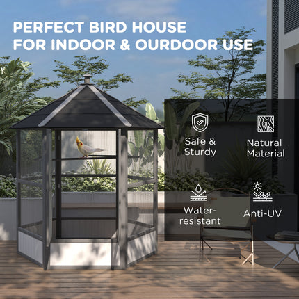 69" Modern Light Gray Wooden Aviary – Hexagonal Outdoor Bird Flight Cage with Weatherproof Roof – Elegant Large Bird House