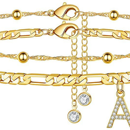 Gold-plated initial anklet with an artificial gem-inlaid letter