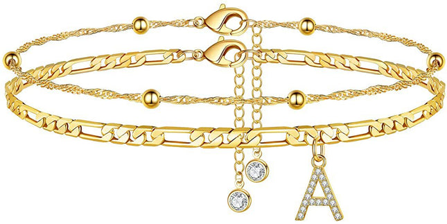 Gold-plated initial anklet with an artificial gem-inlaid letter