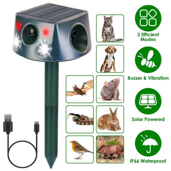 Solar & Type-C Rechargeable Animal Repeller – 3 Modes: Ultrasonic, Buzzer & Vibration – IP66 Waterproof Pest Deterrent for Garden & Farm