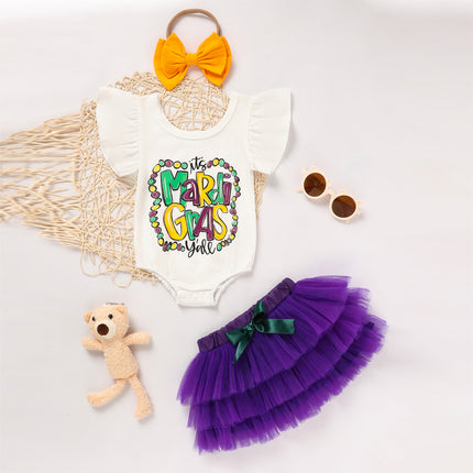 Baby Girl 3-Piece Tutu Set – Letter Print Onesie, Elastic Tulle Skirt & Bow Headband – Adorable First Birthday & Party Outfit