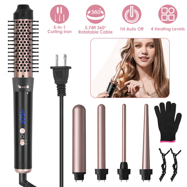 5-in-1 Professional Curling Wand Set – Interchangeable Barrels & Thermal Styling Brush