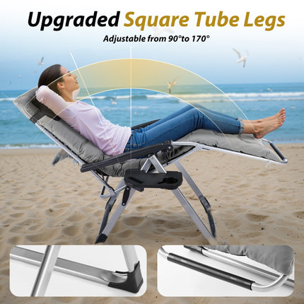 Zero Gravity Reclining Lounge Chair – Folding Patio Chair with Removable Soft Cushion & Cup Holder Tray – Supports 350lbs – Black