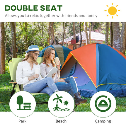 Double Folding Camping Chair - 2-Person Portable Loveseat - Forest Green Outdoor Couch with Wood Armrests & Cup Holders
