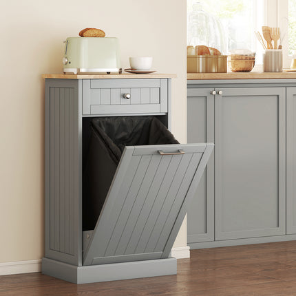 Modern Gray Tilt-Out Trash Can Cabinet – 10 Gallon Hidden Garbage Holder with Drawer – Stylish Wooden Kitchen Waste Bin Cupboard in Grey