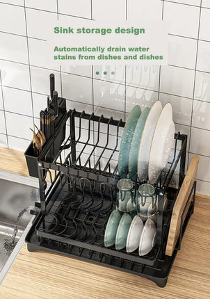2-Tier Large Capacity Dish Drying Rack – Rustproof Kitchen Dish Rack with Drainboard – Space-Saving Utensil Holder & Cup Rack Set